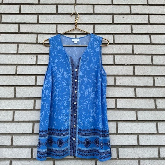 J. Jill Tunic Sleeveless Tank Button Front Loose Flowy Blue Print - Picture 2 of 10